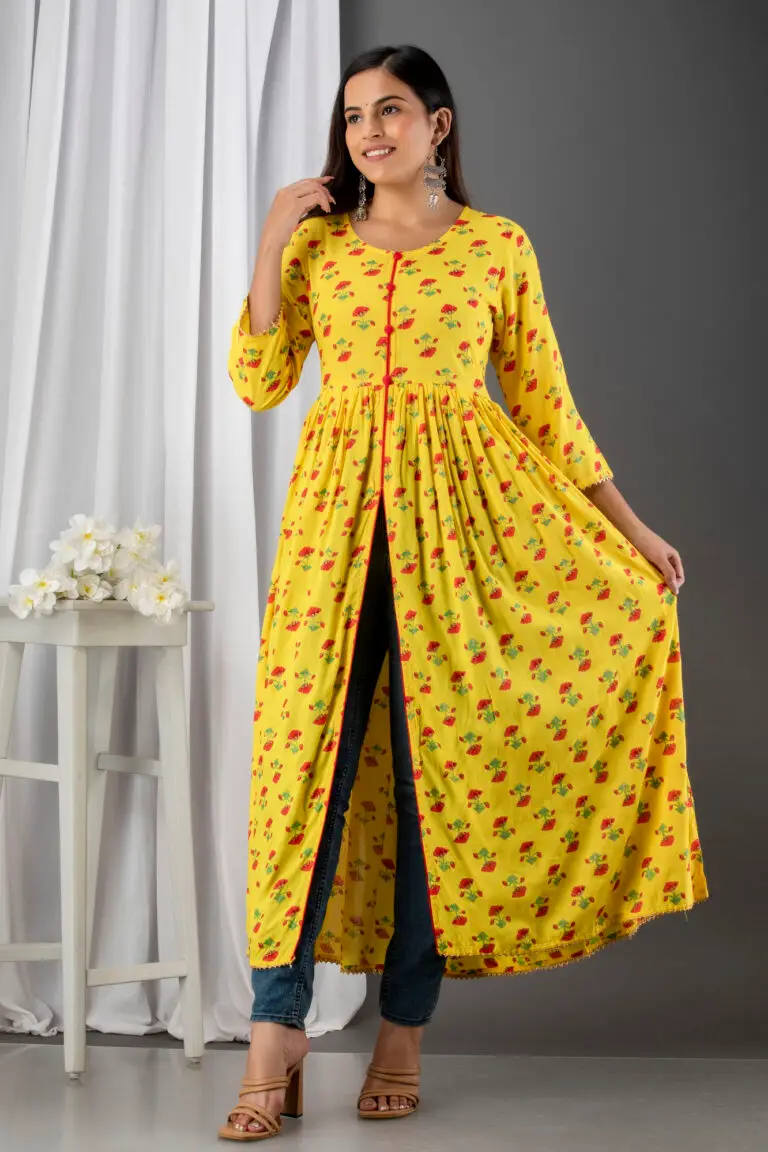 Women Printed Viscose Rayon Flared Gown (Yellow)