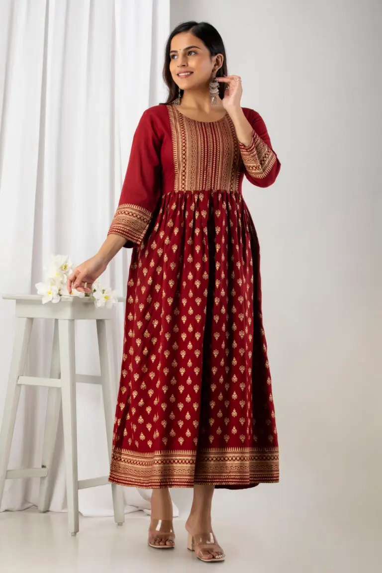 Women Printed Viscose Rayon Flared Gown (Maroon)