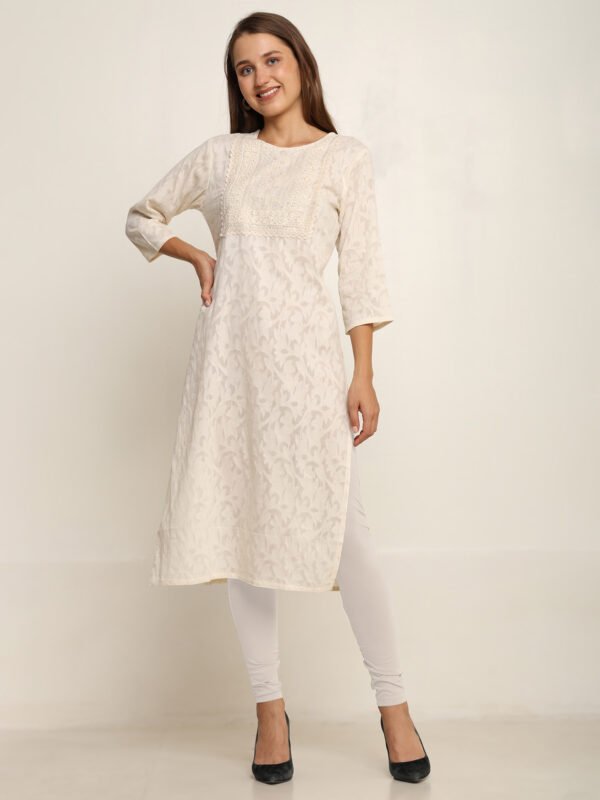 grey south cotton floral embroidered knee length kurta