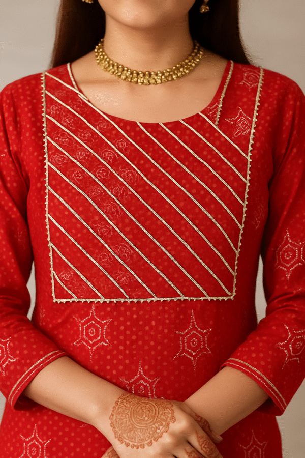 red rayon bandhani print kurti with gota lace work