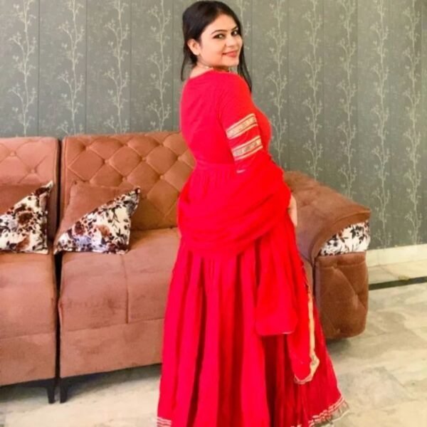 baby pink rayon 3 tier flared gown with lace dupatta