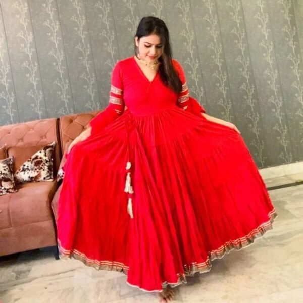 baby pink rayon 3 tier flared gown with lace dupatta