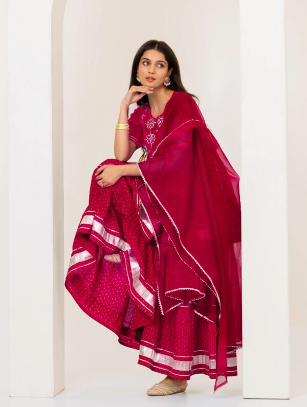 women’s blue bandhani print rayon kurta with sharara & dupatta set – zari embroidered party wear with tassel detailing