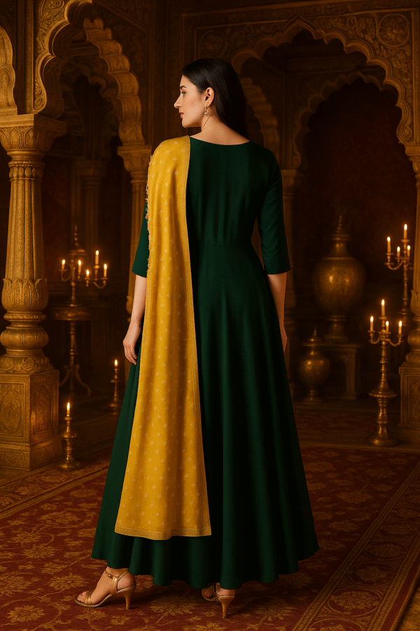 saree style green viscose rayon ankle length gown with dupatta