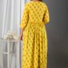 printed yellow viscose rayon stitched flared front slit gown