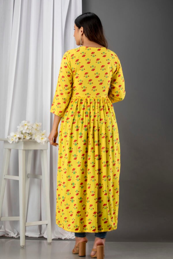 printed yellow viscose rayon stitched flared front slit gown