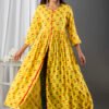 printed yellow viscose rayon stitched flared front slit gown