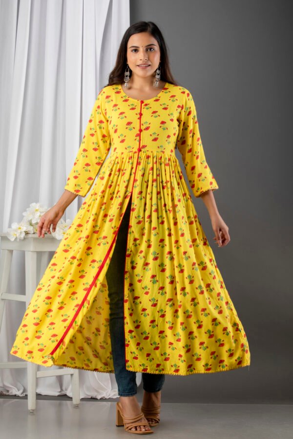 printed yellow viscose rayon stitched flared front slit gown