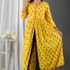 printed yellow viscose rayon stitched flared front slit gown