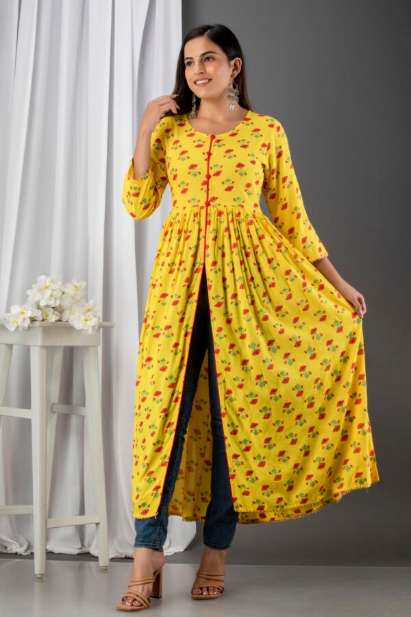 printed yellow viscose rayon stitched flared front slit gown