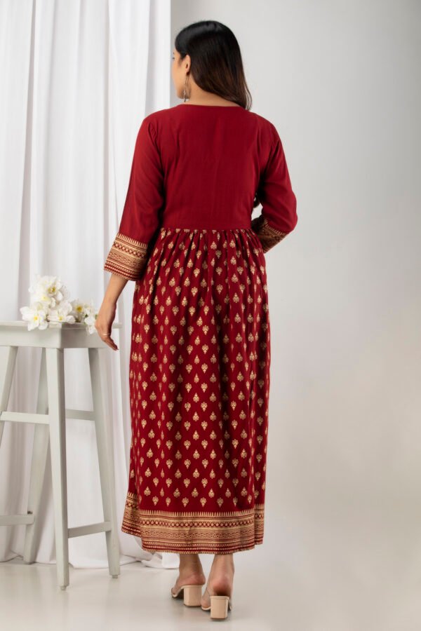 printed maroon viscose rayon stitched flared gown