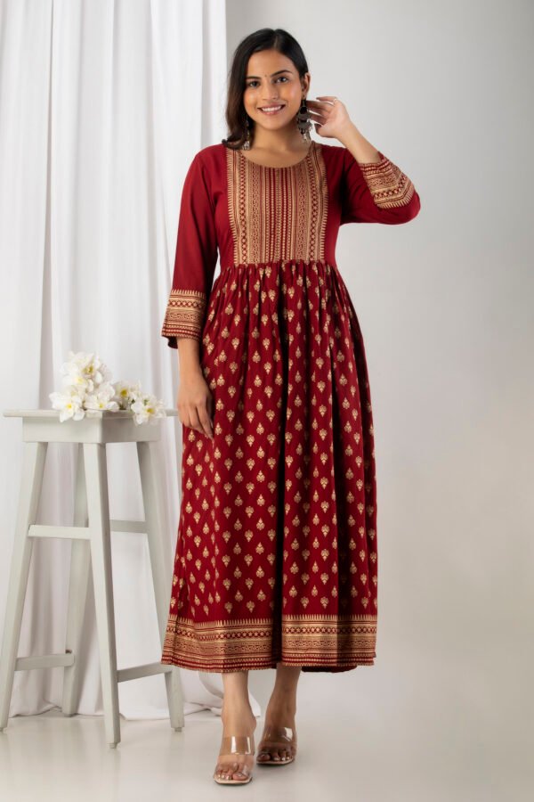 printed maroon viscose rayon stitched flared gown