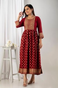 printed maroon viscose rayon stitched flared gown