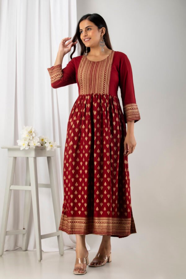 printed maroon viscose rayon stitched flared gown