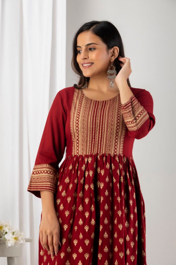 printed maroon viscose rayon stitched flared gown