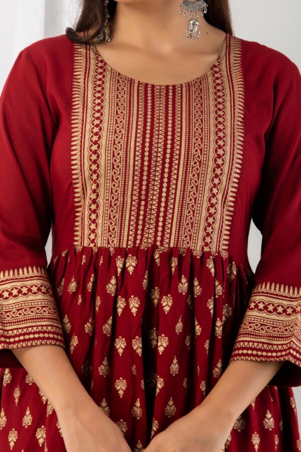 printed maroon viscose rayon stitched flared gown