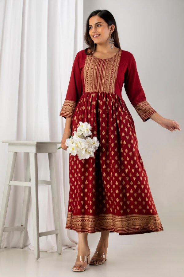printed maroon viscose rayon stitched flared gown