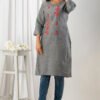 grey south cotton floral embroidered knee length kurta