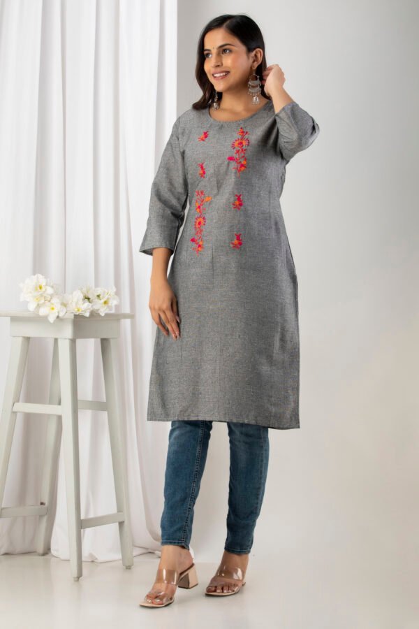 grey south cotton floral embroidered knee length kurta