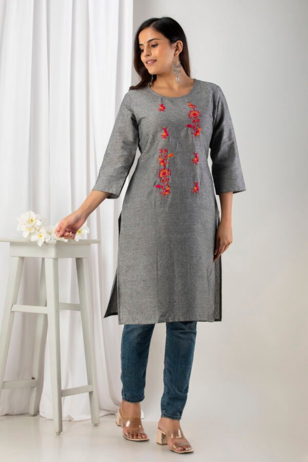 grey south cotton floral embroidered knee length kurta
