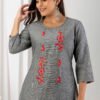 grey south cotton floral embroidered knee length kurta