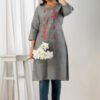 grey south cotton floral embroidered knee length kurta