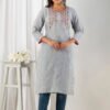 grey south cotton floral embroidered knee length kurta