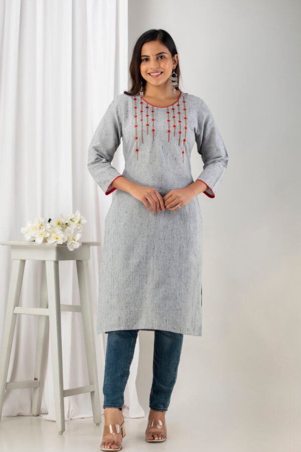 grey south cotton floral embroidered knee length kurta
