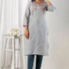 grey south cotton floral embroidered knee length kurta
