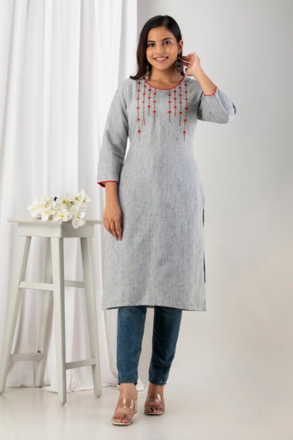 grey south cotton floral embroidered knee length kurta