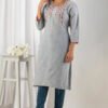 grey south cotton floral embroidered knee length kurta