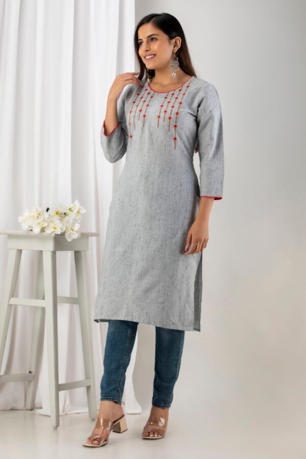 grey south cotton floral embroidered knee length kurta