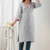 grey south cotton floral embroidered knee length kurta