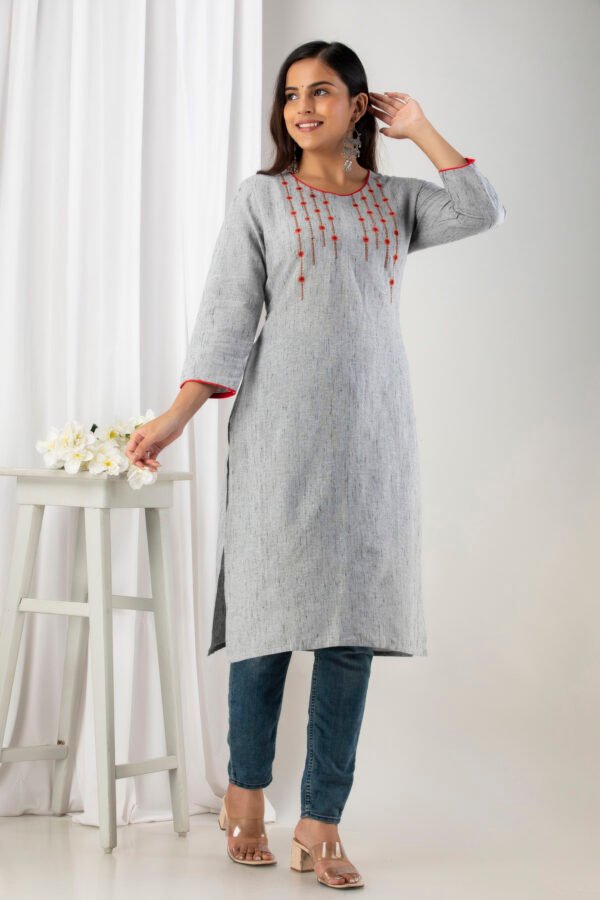 grey south cotton floral embroidered knee length kurta