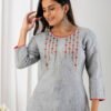 grey south cotton floral embroidered knee length kurta