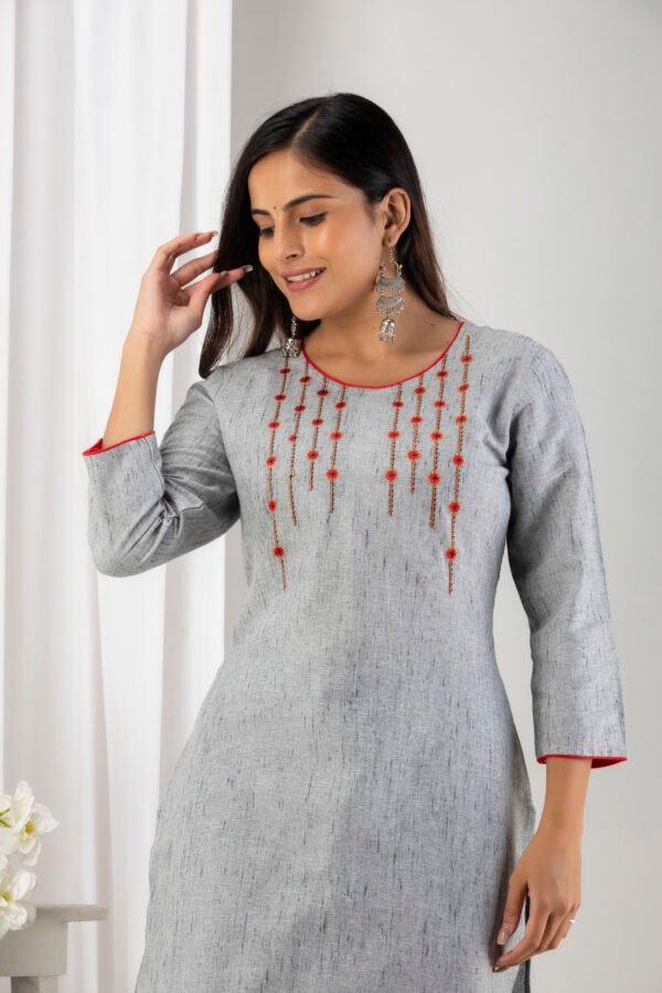 grey south cotton floral embroidered knee length kurta