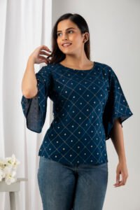 casual-flared-sleeves-geometric-print-women-tealblue-top