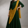 saree style green viscose rayon ankle length gown with dupatta