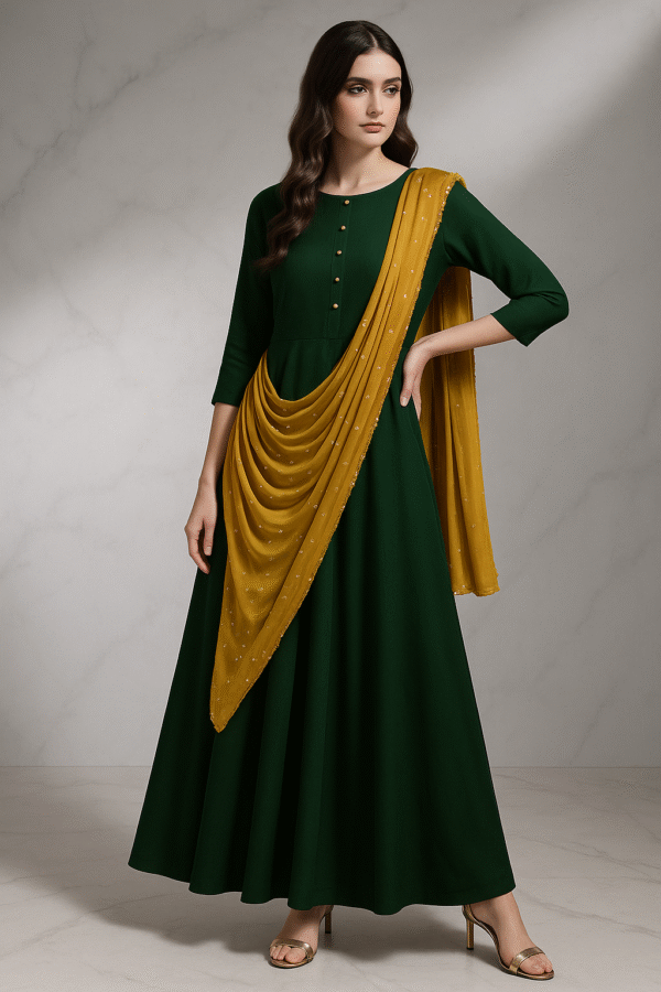 saree style green viscose rayon ankle length gown with dupatta