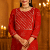 red rayon bandhani print kurti with gota lace work