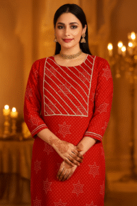 red-rayon-bandhani-print-kurti-with-gota-lace-work