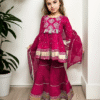 girls red rayon bandhni kurta sharara dupatta set