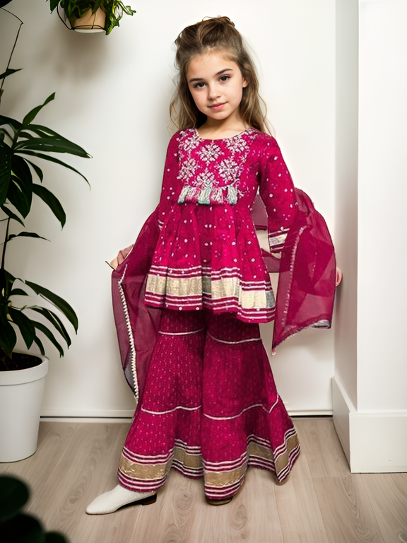 girls red rayon bandhni kurta sharara dupatta set