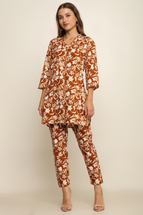 floral print golden brown co ords set with pockets