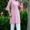 women’s floral print pink rayon kurta with white pants – round neck bell sleeve casual wear set
