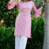women’s floral print pink rayon kurta with white pants – round neck bell sleeve casual wear set