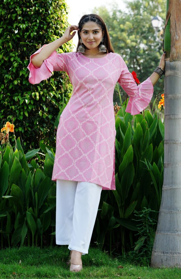 women’s floral print pink rayon kurta with white pants – round neck bell sleeve casual wear set