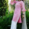 women’s floral print pink rayon kurta with white pants – round neck bell sleeve casual wear set