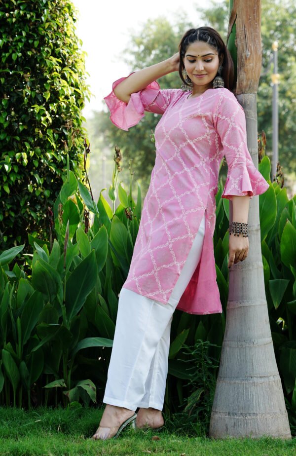 women’s floral print pink rayon kurta with white pants – round neck bell sleeve casual wear set