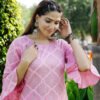 women’s floral print pink rayon kurta with white pants – round neck bell sleeve casual wear set